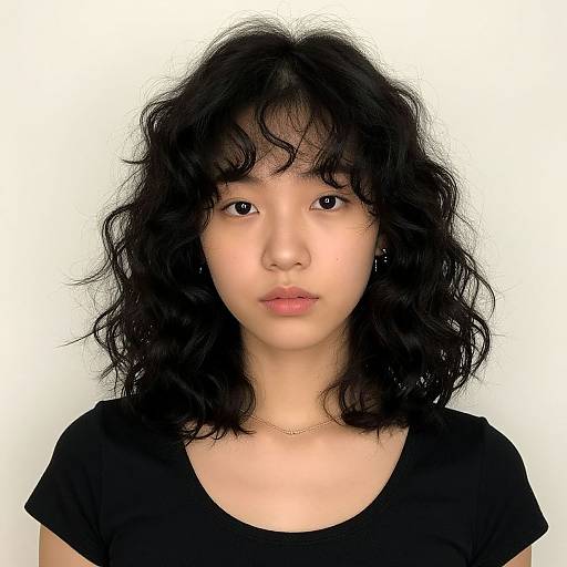 Photograph of an East Asian woman with wavy black hair, fair skin, and black top, looking directly at the camera against a white background.