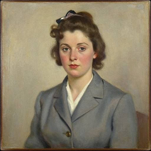 Oil painting of a young Caucasian woman with short, wavy brown hair, wearing a gray jacket over a white blouse, against a plain beige background.