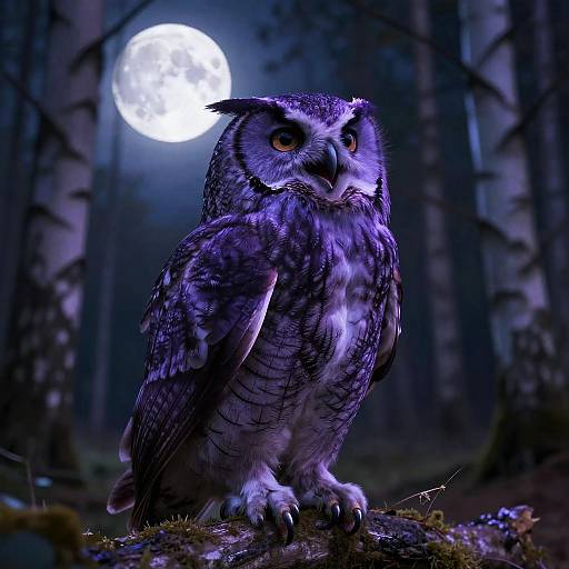 Photograph of a detailed, realistic owl with purple and white feathers, standing on a mossy log under a full moon in a dark, misty