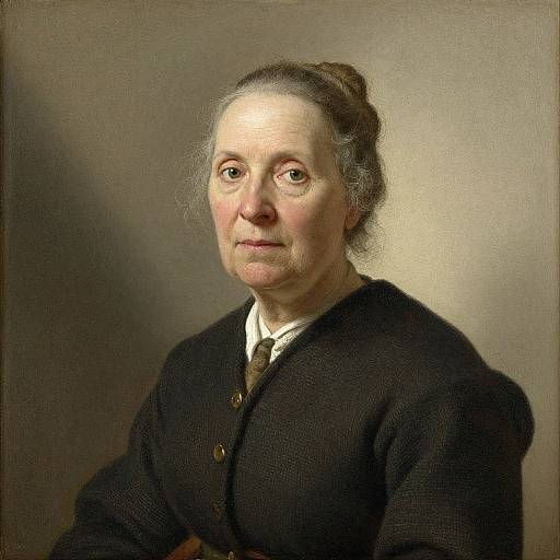 Photorealistic oil painting of an elderly woman with fair skin, gray hair in a bun, wearing a black buttoned cardigan over a white shirt