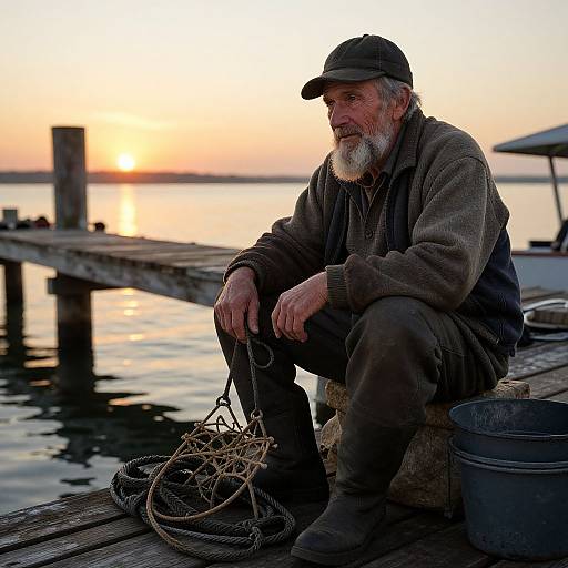 Photograph of an elderly bearded man with a gray cap, wearing a brown hoodie and pants, sitting on a wooden dock at sunset, holding fishing