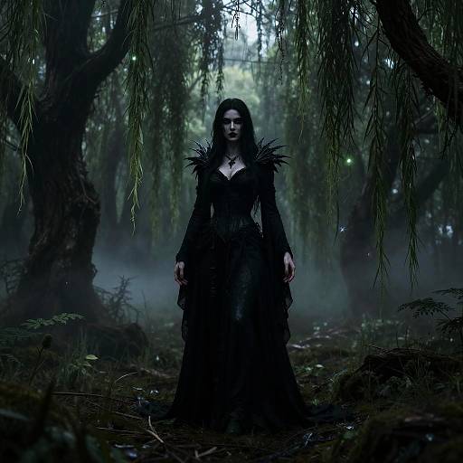 Dark forest scene with a mysterious woman in black, gothic dress and feathered shoulders standing under hanging willow branches. Moody, eerie atmosphere with mist
