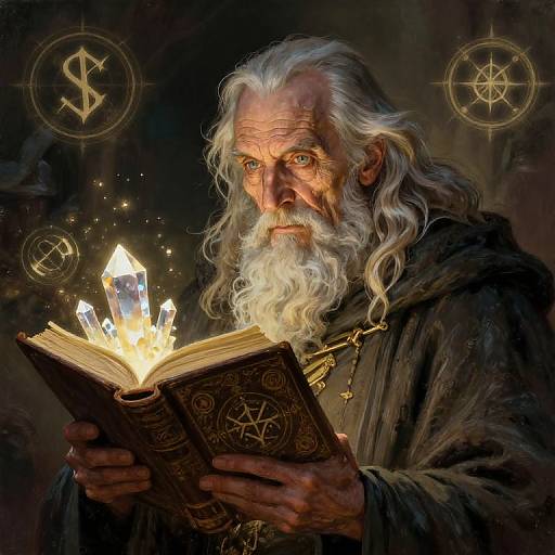 Digital painting of an elderly, white-bearded wizard with glowing crystal book, dark robes, and mystical symbols floating in a dark background.