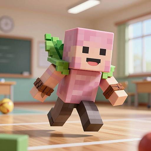 Pixelated Bubble Gum Character in School Gym