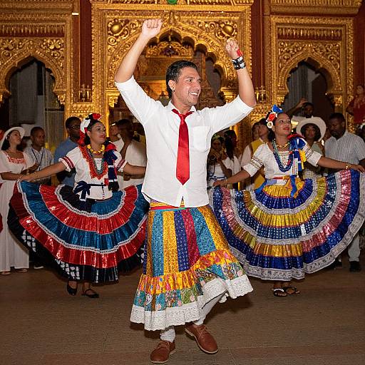 Photograph of a male dancer in a white shirt, red tie, and colorful skirt, flanked by female dancers in vibrant traditional Mexican dresses, performing