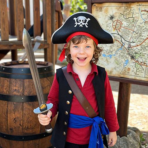 Photograph of a curly-haired child pirate with a black tricorn hat, red shirt, blue sash, and sword, smiling in a wooden pirate