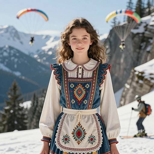 Neo-Bohemian Girl Skiing Cliff Base