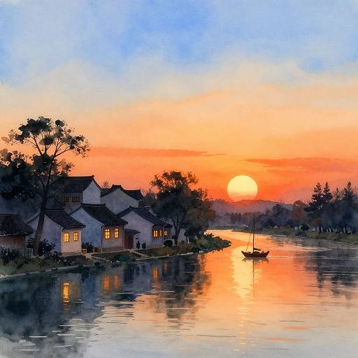 Watercolor Sunset Village by River