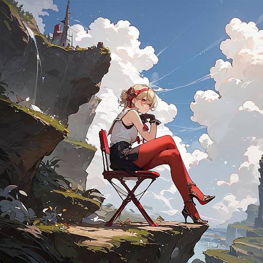Anime Girl on Cliffside Plastic Chair