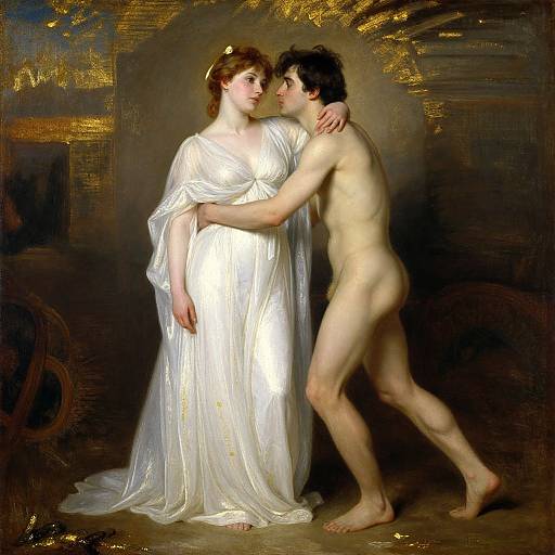 Neoclassical painting of a nude, muscular man embracing a fair-skinned woman in a white, draped gown, gazing intimately. Dark,