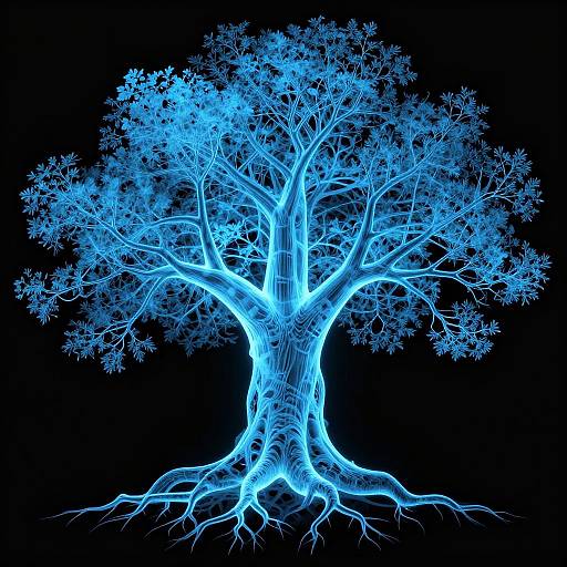 Digital CGI of a glowing blue tree with intricate, neon-like branches and roots against a black background, resembling a luminous wireframe.