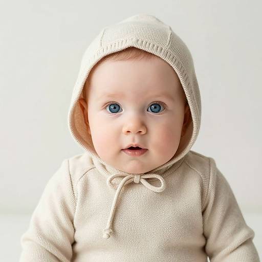 Photograph of a chubby baby with bright blue eyes, wearing a beige knit hoodie with a hood, against a plain white background.