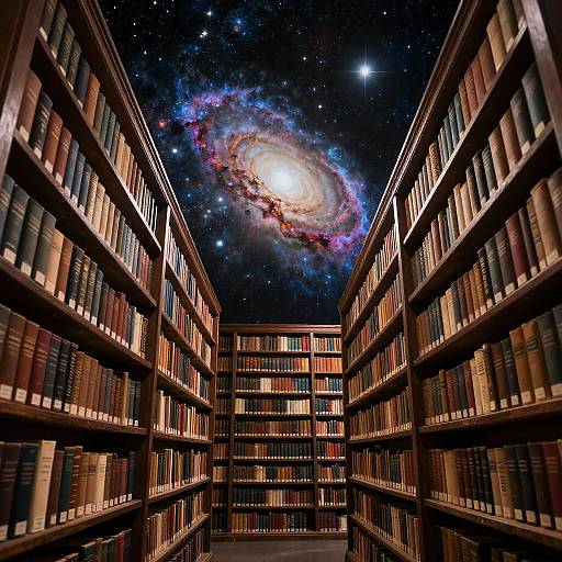 Photograph of a library aisle with wooden shelves filled with books, leading to a central view of a vibrant, cosmic galaxy above.