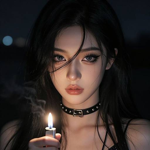 Photograph of a pale, dark-haired woman with blue eyes, wearing a black studded choker, holding a lit candle in a dark, mo