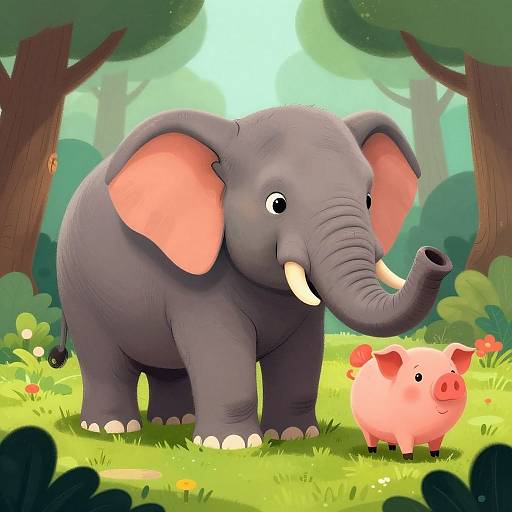 Cartoon-style image of a friendly gray elephant with pink inner ears and white tusks standing next to a smiling pink pig in a bright, sunny forest