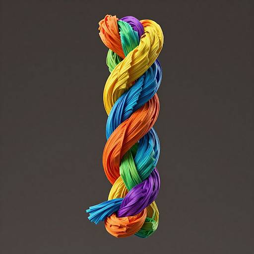 Photograph of a brightly colored, twisted rope with vivid hues of red, orange, yellow, green, blue, and purple against a dark gray background