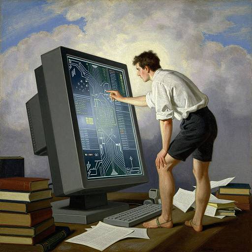 Photograph: Man in white shirt and black shorts, barefoot, leans on large, futuristic computer, surrounded by books, papers, and a keyboard