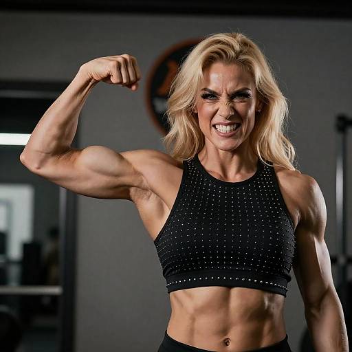 Muscular Blonde Flexing Intense Fitness Portrait