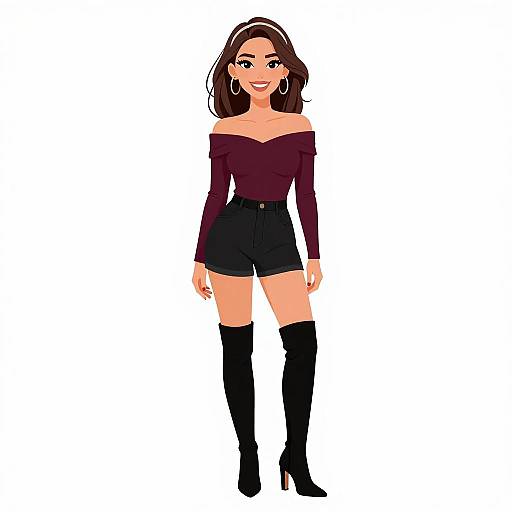 Digital illustration of a smiling woman with fair skin, brown hair, wearing a maroon off-shoulder top, black high-waisted shorts,