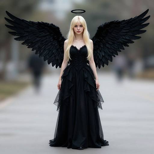 Photograph of a blonde angelic woman with black wings, halo, and black dress, standing on a blurred outdoor pathway.
