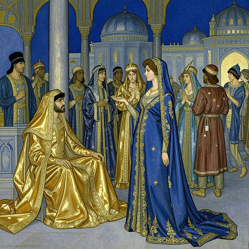 Illustration of a royal court scene: a bearded king in golden robes sits, addressing a queen in a blue, gold-trimmed dress,
