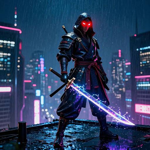 Cyberpunk ninja with glowing red eyes, black armor, and electric blue sword, standing on a rainy rooftop against neon cityscape.