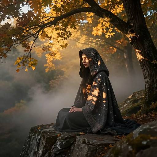 Photograph of a mystical woman in a dark, sequined hooded cloak, sitting on a rocky ledge in an autumn forest with golden leaves and mist