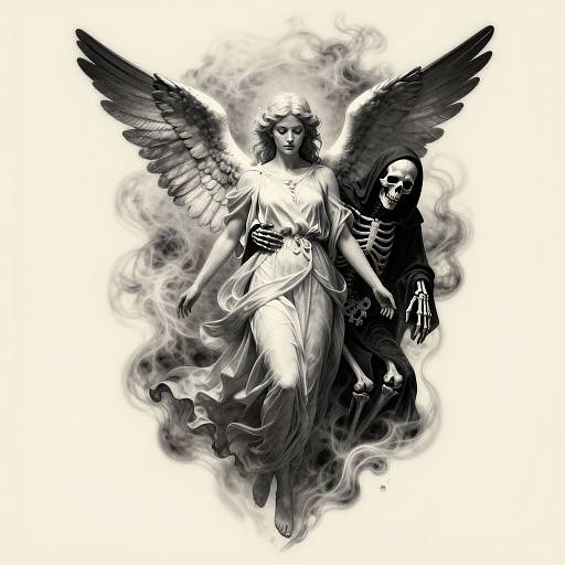 Monochrome digital drawing of a winged angel with flowing gown, holding a skeletal figure, surrounded by swirling smoke.