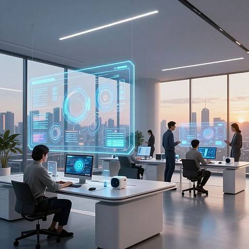 Photograph of a modern, tech-filled office with five people, large windows, city skyline sunset, and holographic blue interface displays.