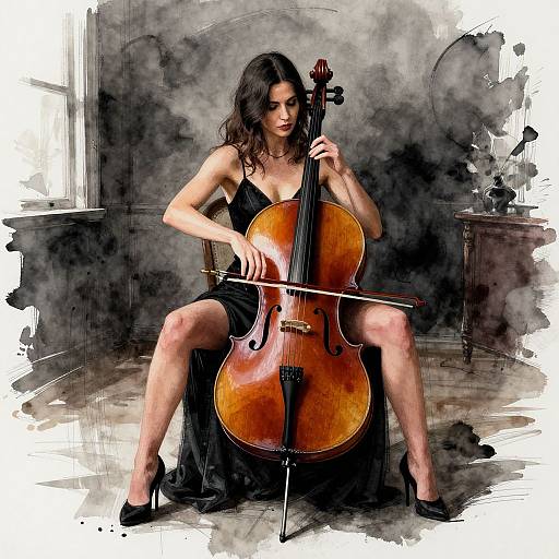 Photograph-style digital art of a dark-haired woman in black lingerie and heels, seated with legs apart, playing a wooden cello in a smoky