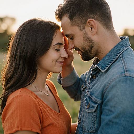 Photograph of a loving couple with brown hair and beards, wearing orange and denim shirts, gently touching foreheads and smiling softly against a sunlit
