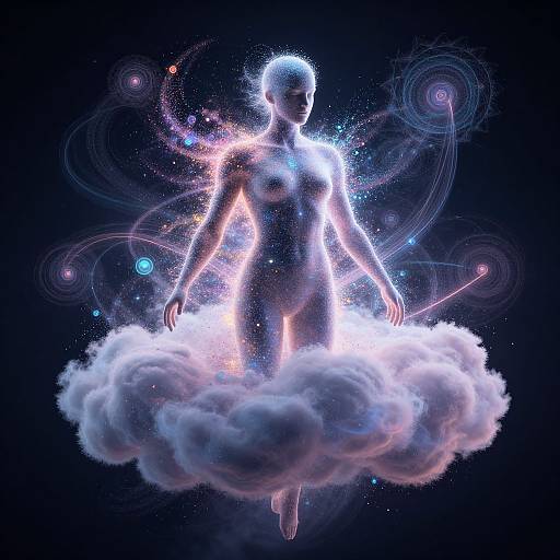Digital artwork of a glowing, nude, ethereal female figure floating on a cloud, surrounded by cosmic swirls and colorful spheres.