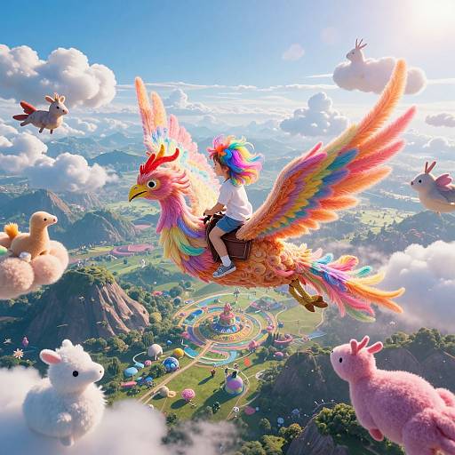 Digital artwork of a vibrant, rainbow-feathered phoenix with a child riding, soaring above a whimsical, colorful landscape with fluffy sheep and floating eggs