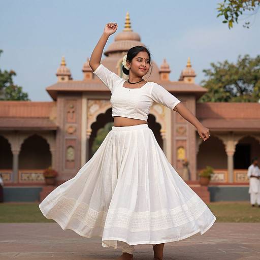 Photograph of a smiling Indian woman in a white crop top and flowing skirt, dancing outdoors in front of an ornate, red sandstone building.