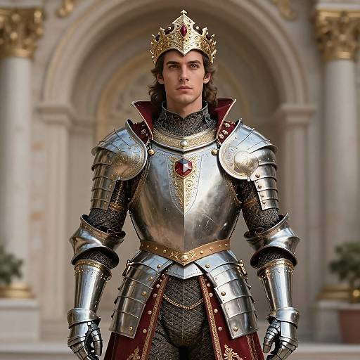 Photorealistic digital rendering of a young, handsome man in elaborate medieval knight armor with a gold crown, standing in a grand, arched, marble