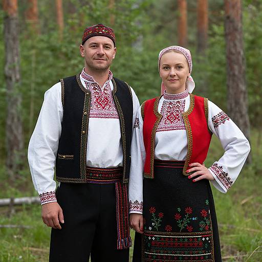 Photograph of a smiling couple in traditional Eastern European folk attire, standing in a forest, wearing white shirts, black vests, and embroidered dresses.