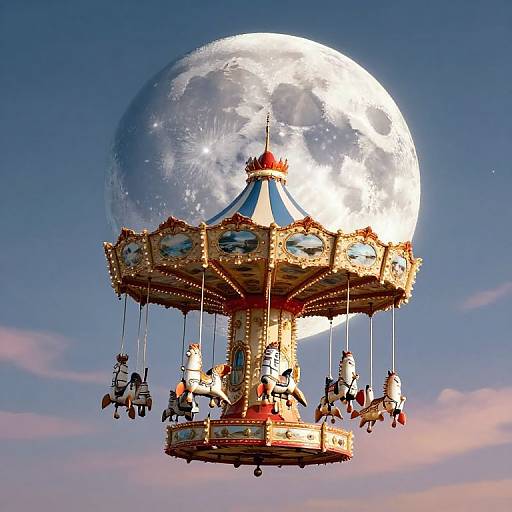 Steampunk Rocket Carousel Under Moon