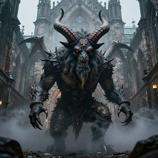 Digital artwork of a fearsome, horned demon with glowing red eyes, sharp claws, and spiked armor, standing in a misty, gothic