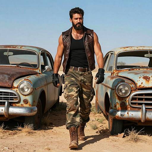 Rugged Man Walking in Desert