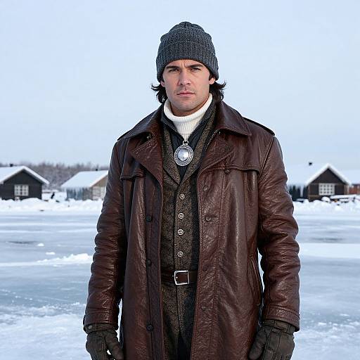 Photograph of a serious-looking man with medium-length dark hair, wearing a dark brown leather coat, black beanie, and gloves, standing in a