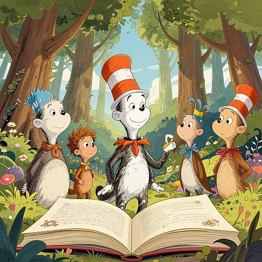 Illustration of six cute, anthropomorphic mice in a sunlit forest, wearing red-striped hats and neckscarves, standing around an open magical book
