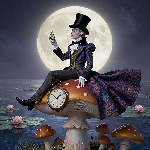 Steampunk man in top hat and paisley coat, holding pocket watch, sitting on giant mushroom with clock, moonlit pond background.