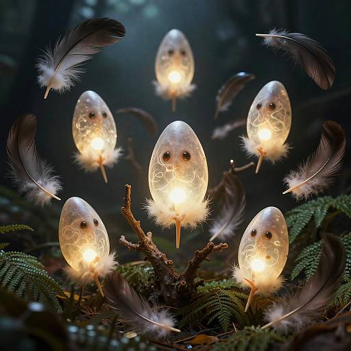 Photograph of glowing, transparent, feathered fairy eggs with black eyes, illuminated by soft white light, set on a mossy branch in a dark