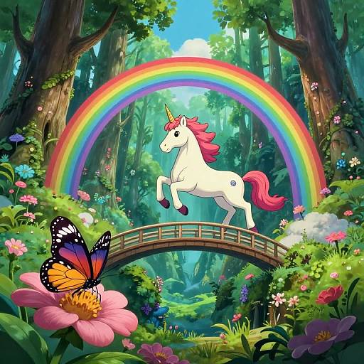Digital illustration of a white unicorn with a pink mane jumping over a wooden bridge under a vibrant rainbow, surrounded by lush forest, colorful flowers, and a