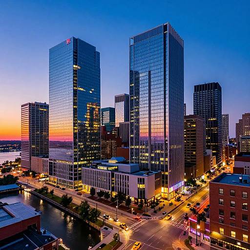 Photograph of a vibrant cityscape at dusk, featuring tall, reflective skyscrapers with illuminated windows, a colorful sunset sky, and busy streets below