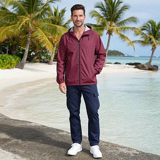 Photograph of a smiling, bearded man in a maroon jacket, navy pants, and white sneakers standing on a tropical beach with palm trees and