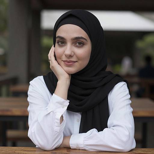 Photograph of a young woman with light skin, wearing a black hijab and white shirt, smiling softly while resting her cheek on her hand. Outdoor