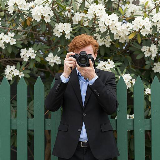 Red-Haired Man with Camera Behind Fence