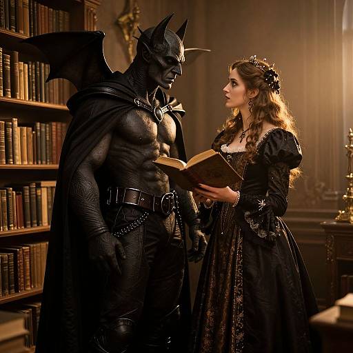 Photograph-style digital artwork: Muscular Batman in black armor and cape, holding a book, stands in a dimly lit library with a brunette woman