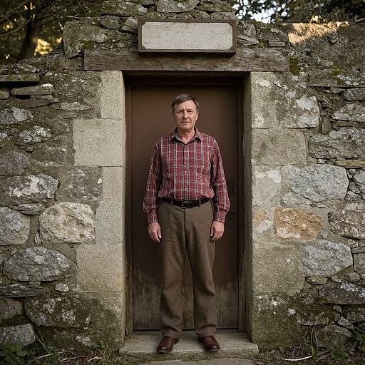 Photograph of a middle-aged man with short brown hair, wearing a red checkered shirt and brown pants, standing in a stone doorway.